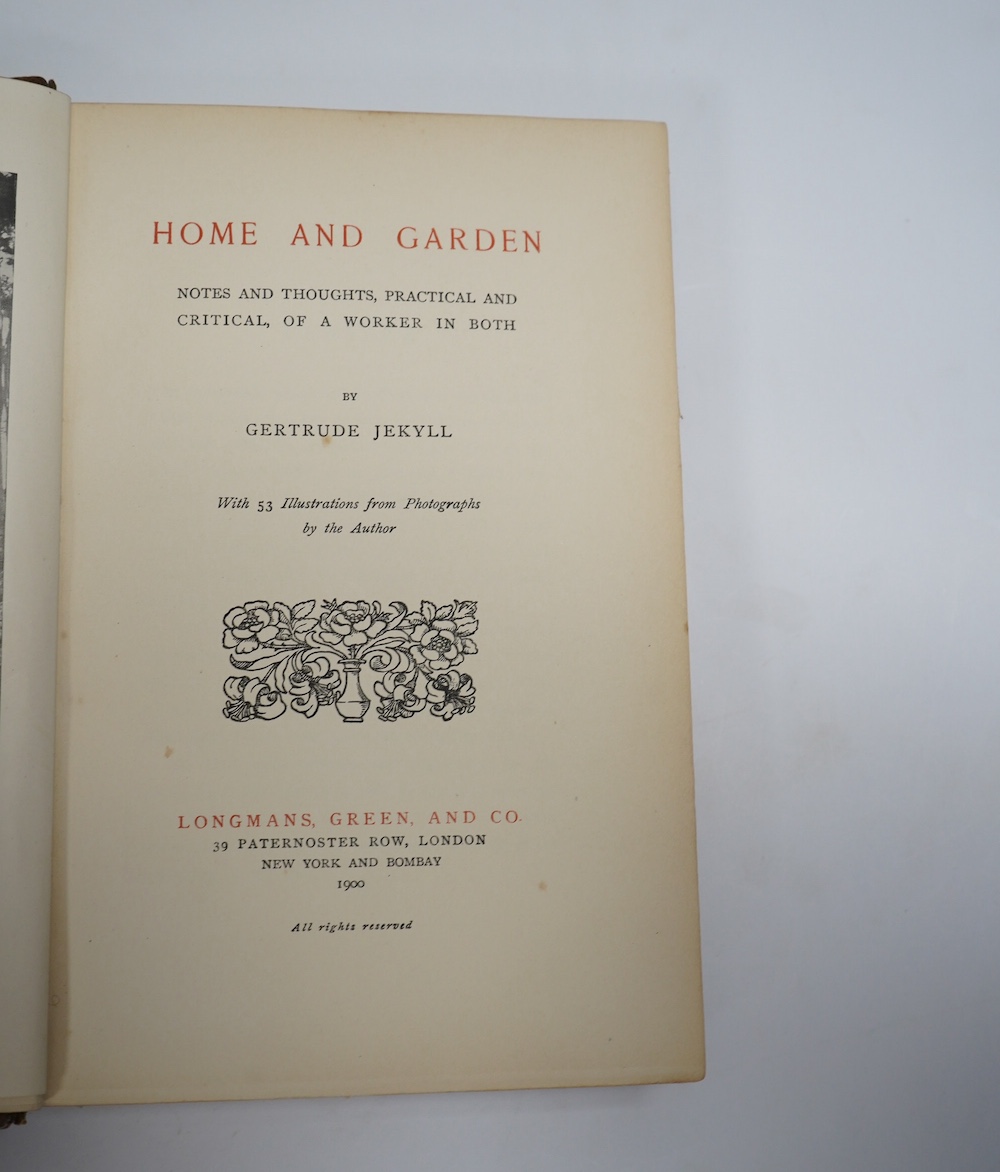 Jekyll, Gertrude - Home and Garden: notes and thoughts, practical and critical, of a worker in both. 1st Edition. title page decoration and 47 photo plates; near contemp. green morocco and marbled boards, panelled spine